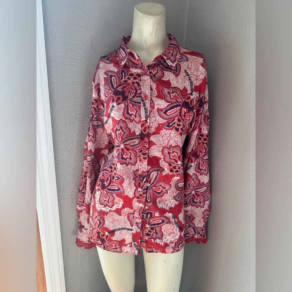 Chicos Floral Faux Silk Shirt/Modern Dash Floral Ginger Rose Pleated Blouse